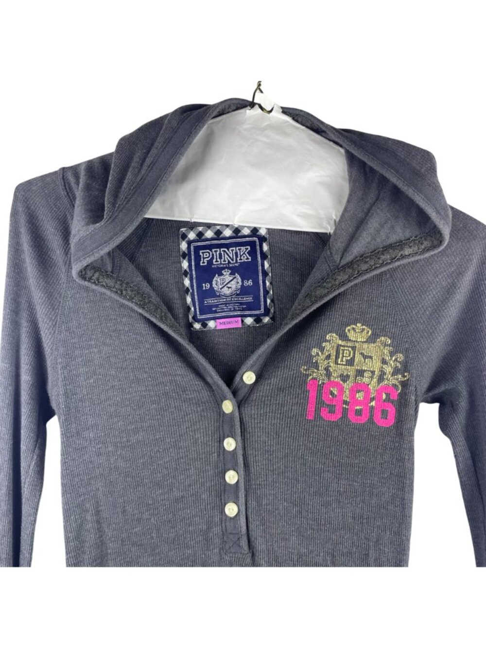 Victorias Secret Pink Y2K Ribbed Henley Hoodie Graphic 1986 Pullover Medium - Picture 2 of 11